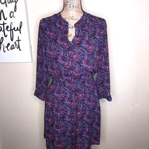 Daniel Rainn Blue & Red Paisley Dress Pockets Lined Mandarin Collar Size Small